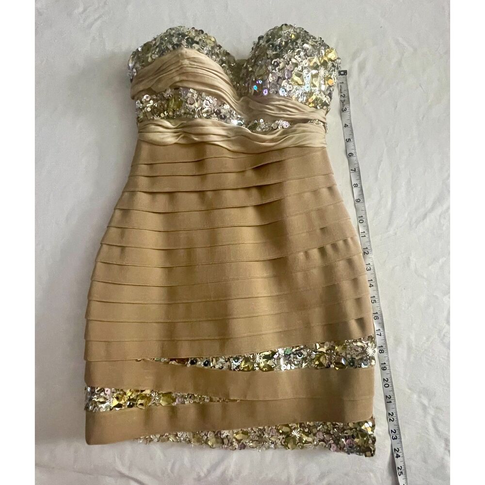 Mac Duggal Gold Beaded Sequin Strapless Mini Dress Size 4 Prom Cocktail Formal - Picture 7 of 9